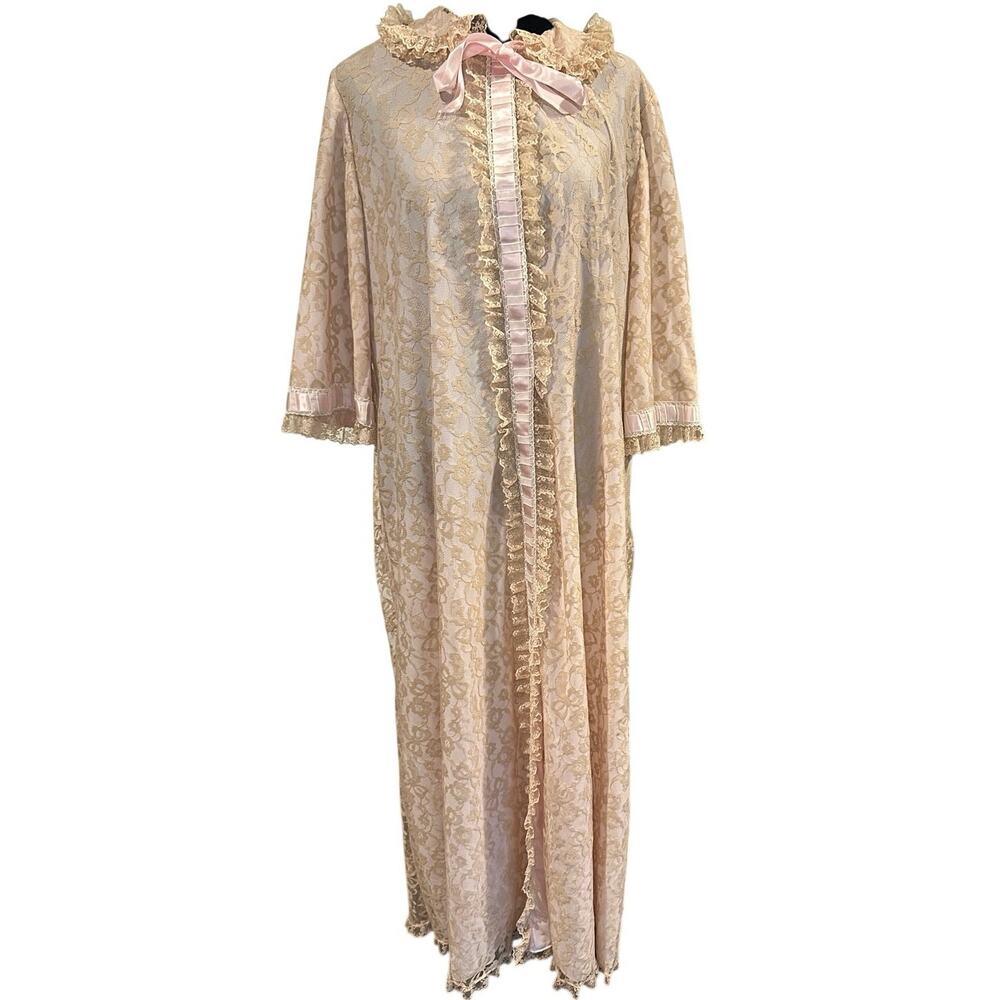 Odette Barsa Pink Lace Sheer Peignoir Maxi Robe Coquette Regency